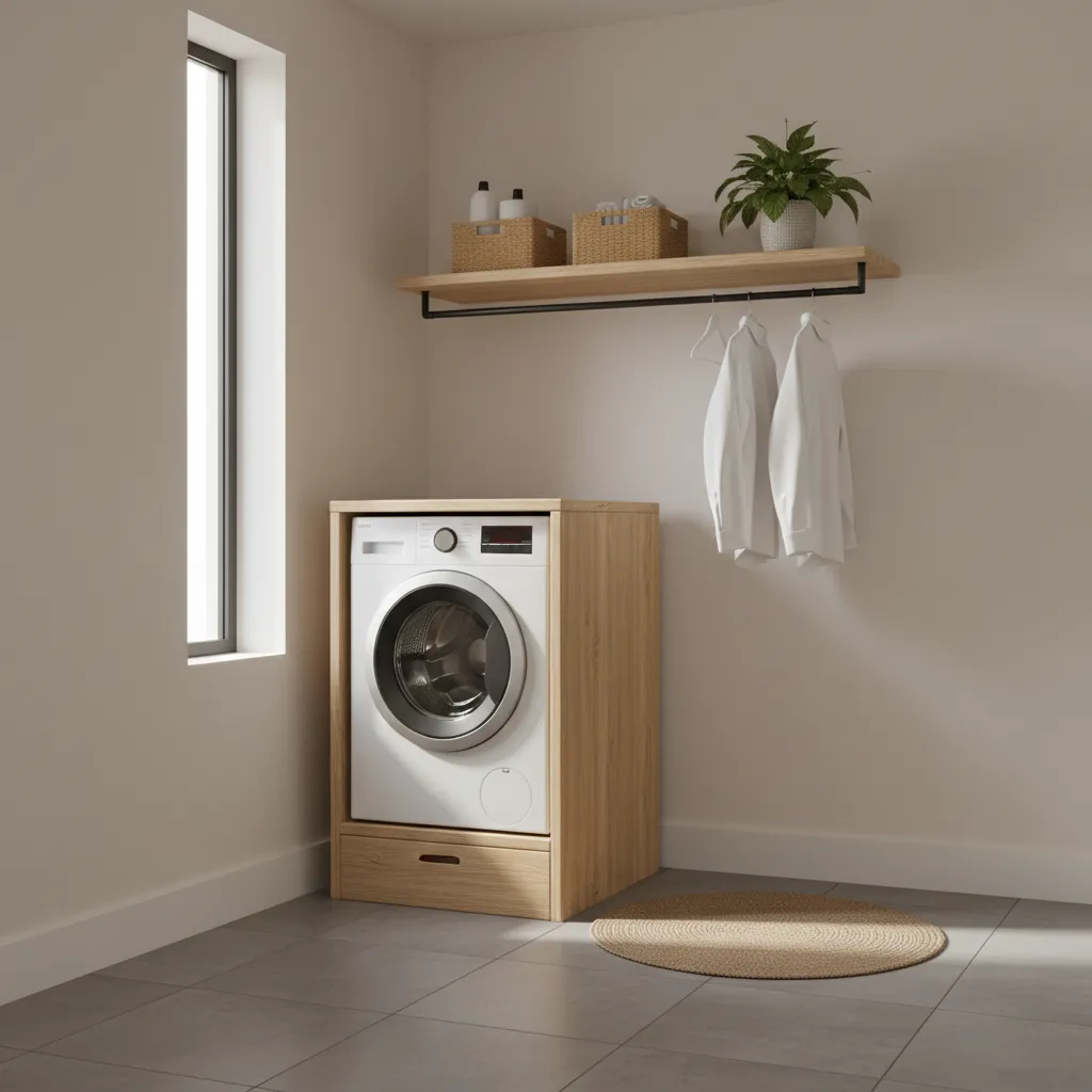 Front load washer installed on a DIY wooden laundry pedestal platform