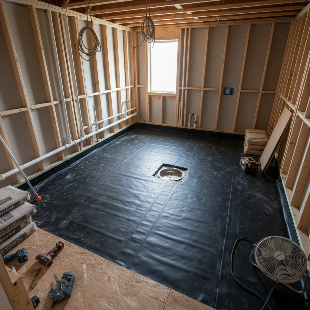 Waterproof membrane installed on laundry room floor before tile