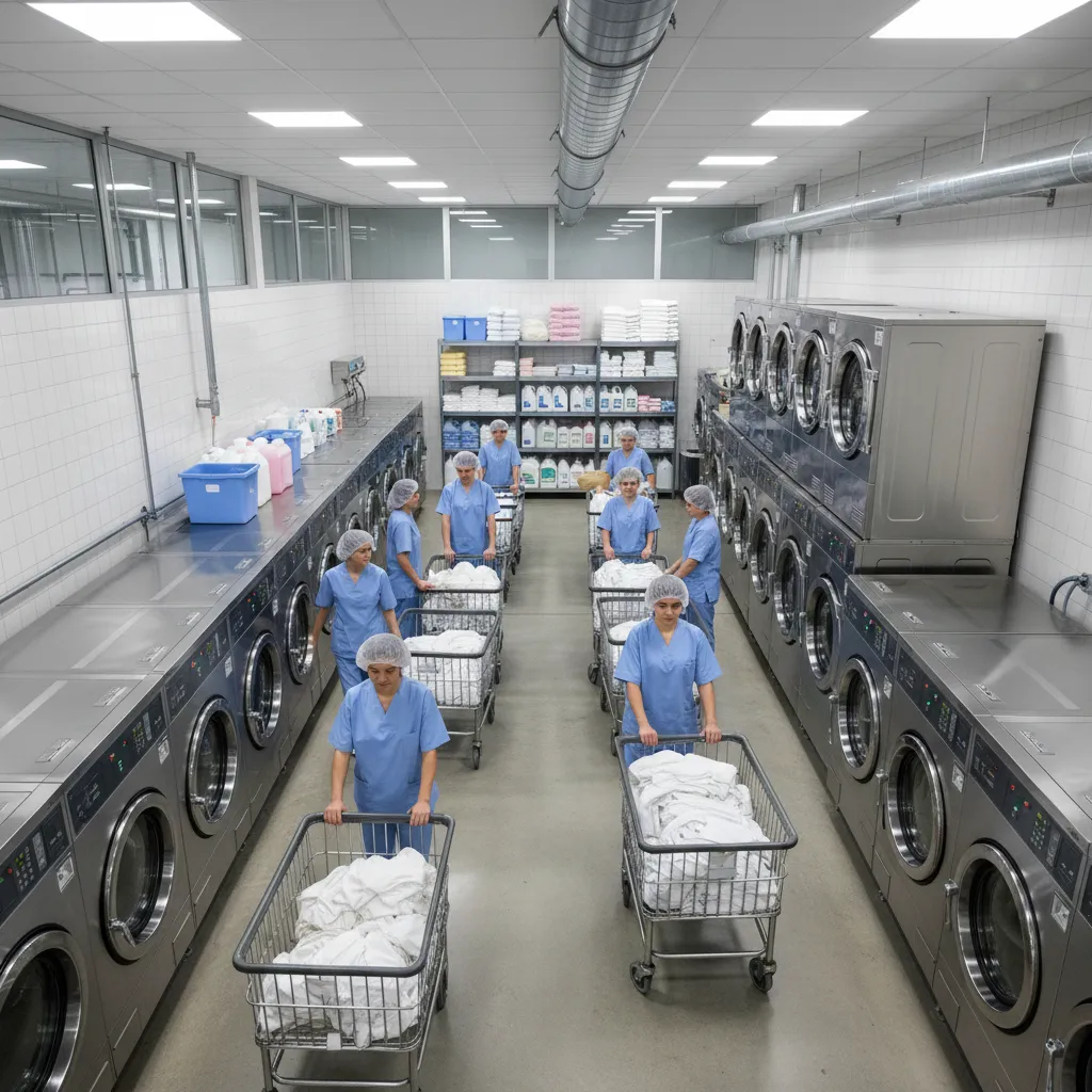 Commercial laundry room workflow with carts machines and corner storage