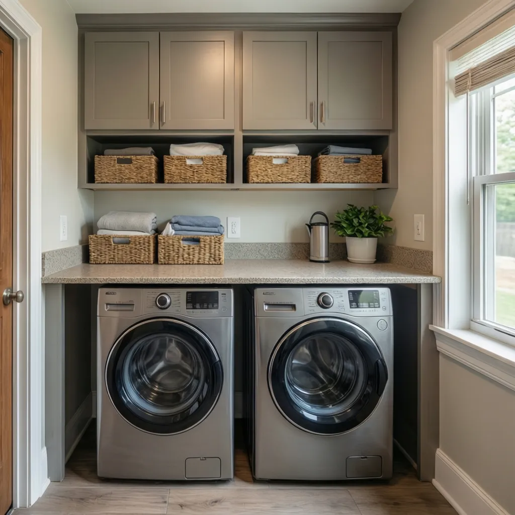 efficient washer dryer folding counter layout in mudroom laundry