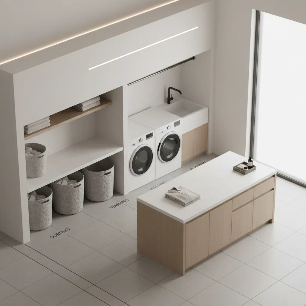 laundry room layout showing sorting washing and drying zones