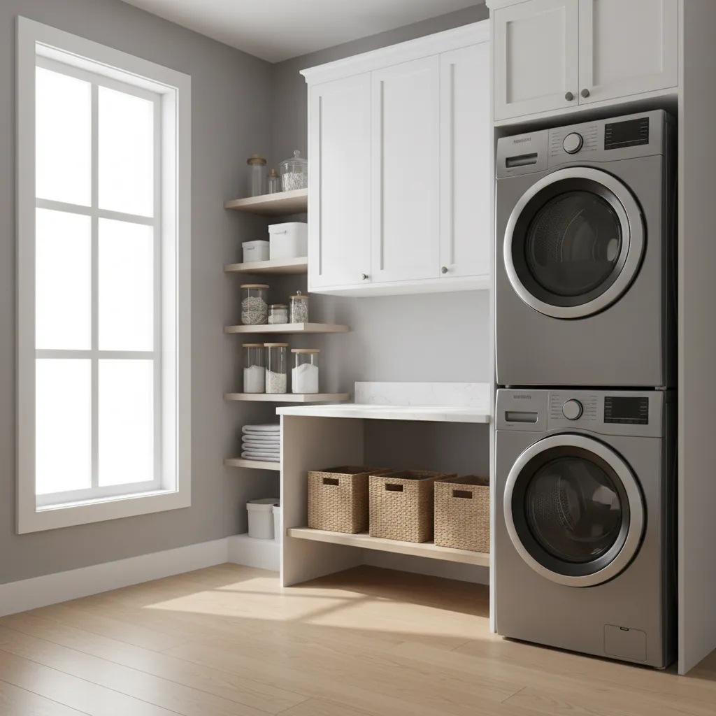 laundry room workflow zones showing washer dryer folding counter and storage areas
