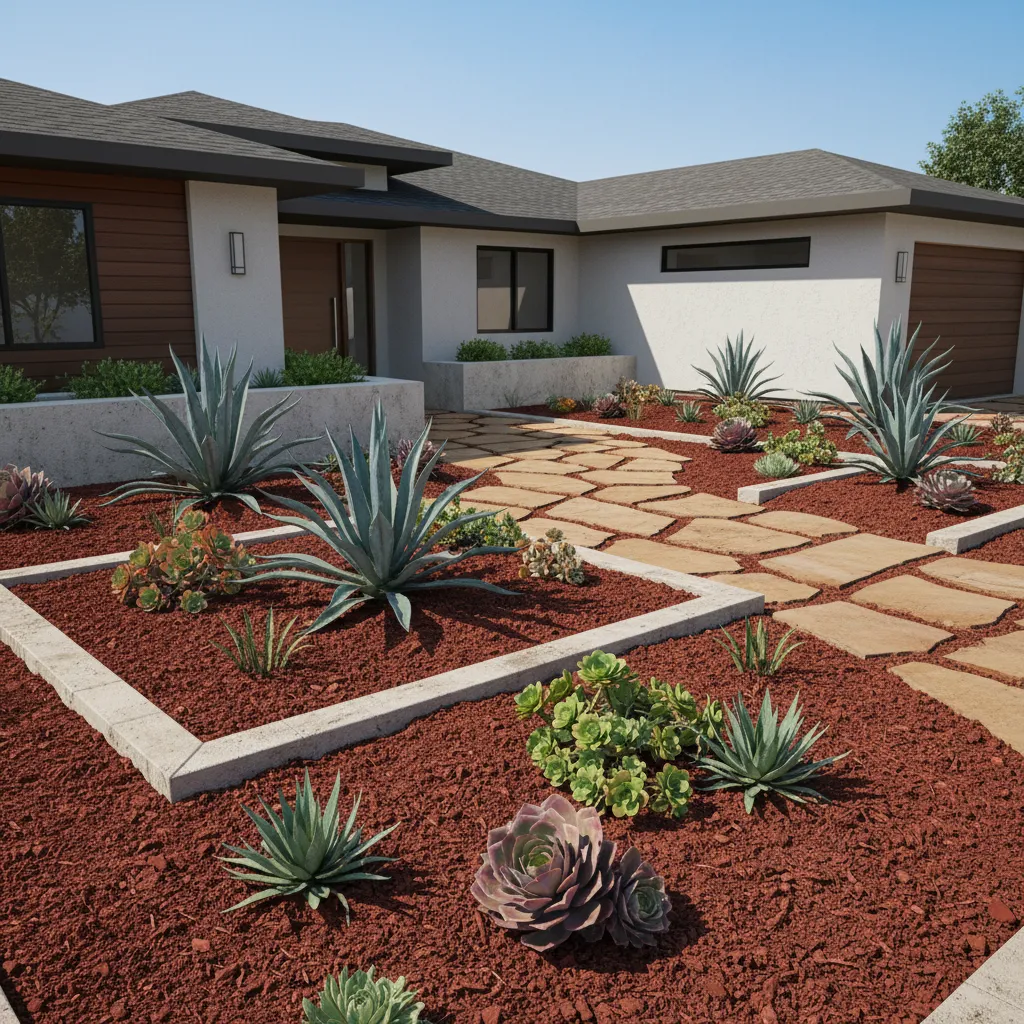 Red lava rock mulch used in a drought tolerant front yard flower bed
