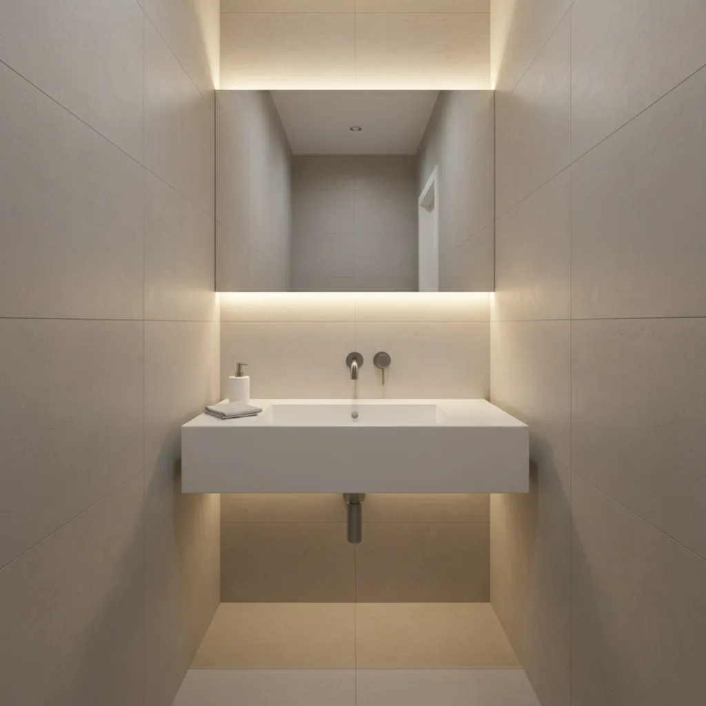 Modern bathroom with wide white sink, lighted mirror, beige wall panels, faucet, and soap dispenser
