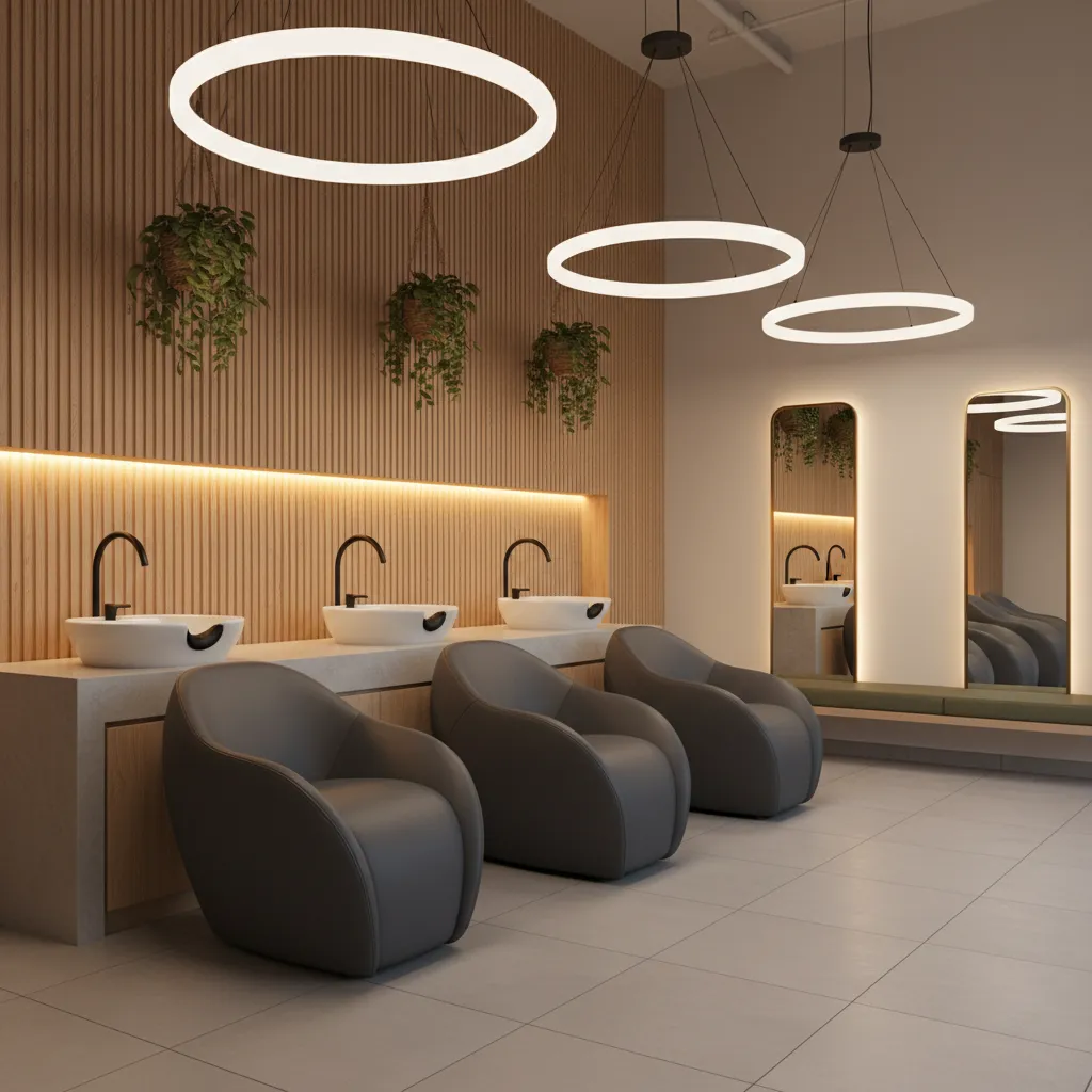 Hair salon washing area with three grey chairs, white sinks, wood wall panel, and lights
