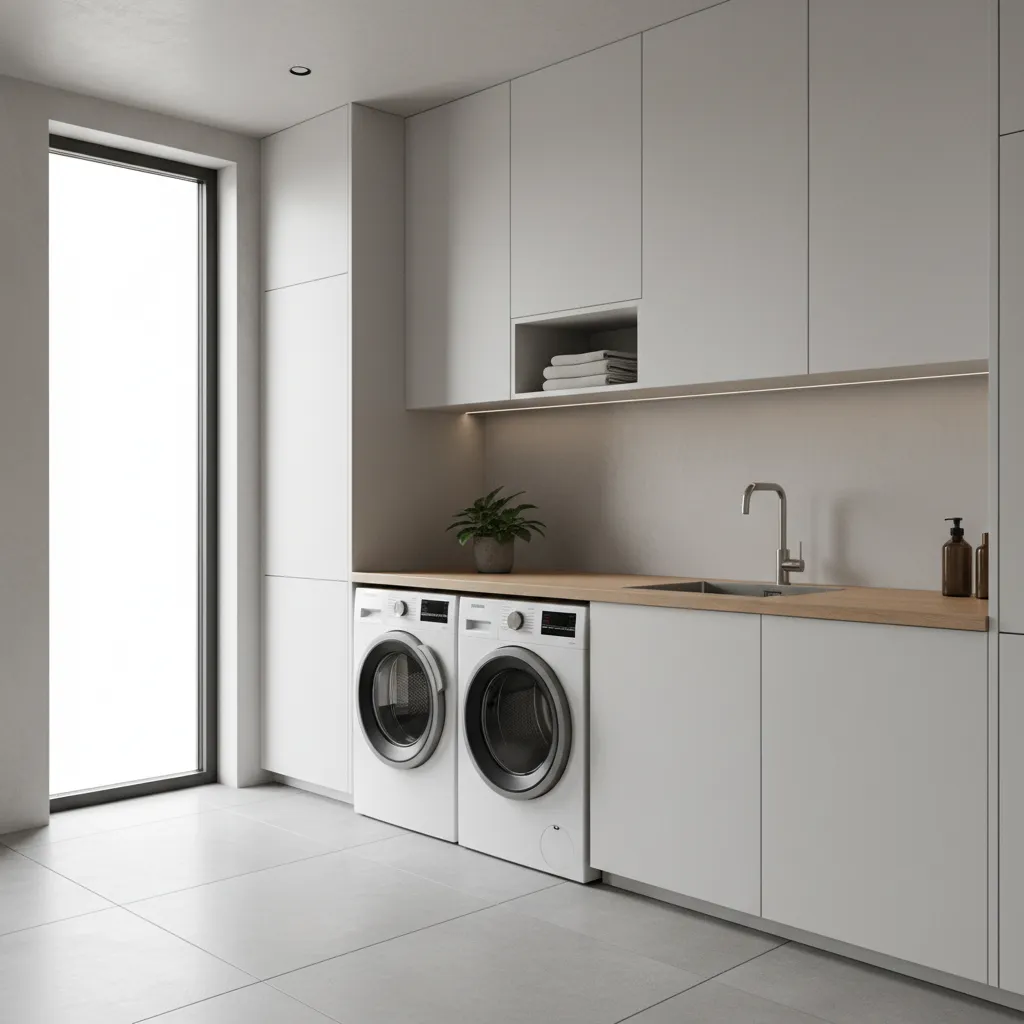 Minimalist laundry room featuring white cabinets wood countertop sink washing machine dryer and a window