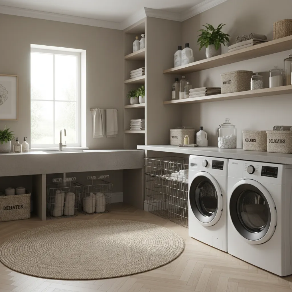 Functional laundry room with two washing machines side by side sink open shelves and rug