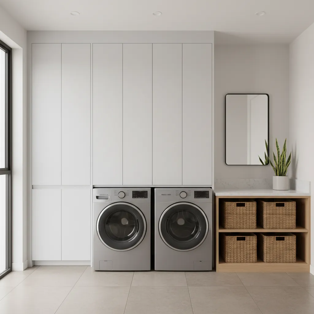 Lavadero moderno con diseño minimalista y almacenamiento organizado