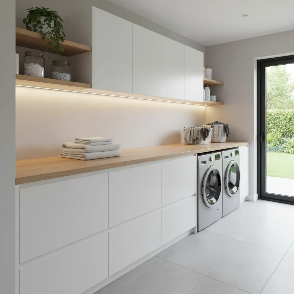 Modern laundry room with white cabinets wooden countertop under cabinet light and two silver machines