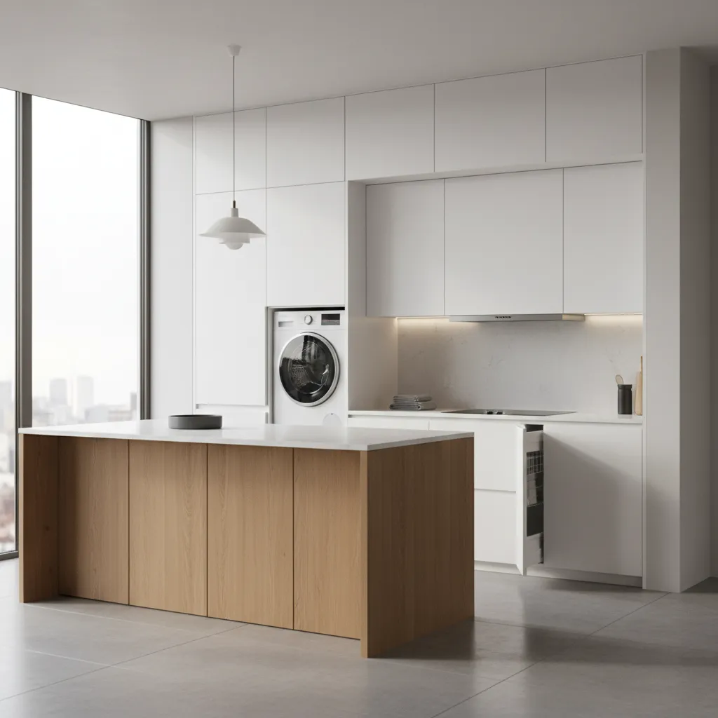 Lavadero integrado en una cocina moderna con electrodomésticos ocultos