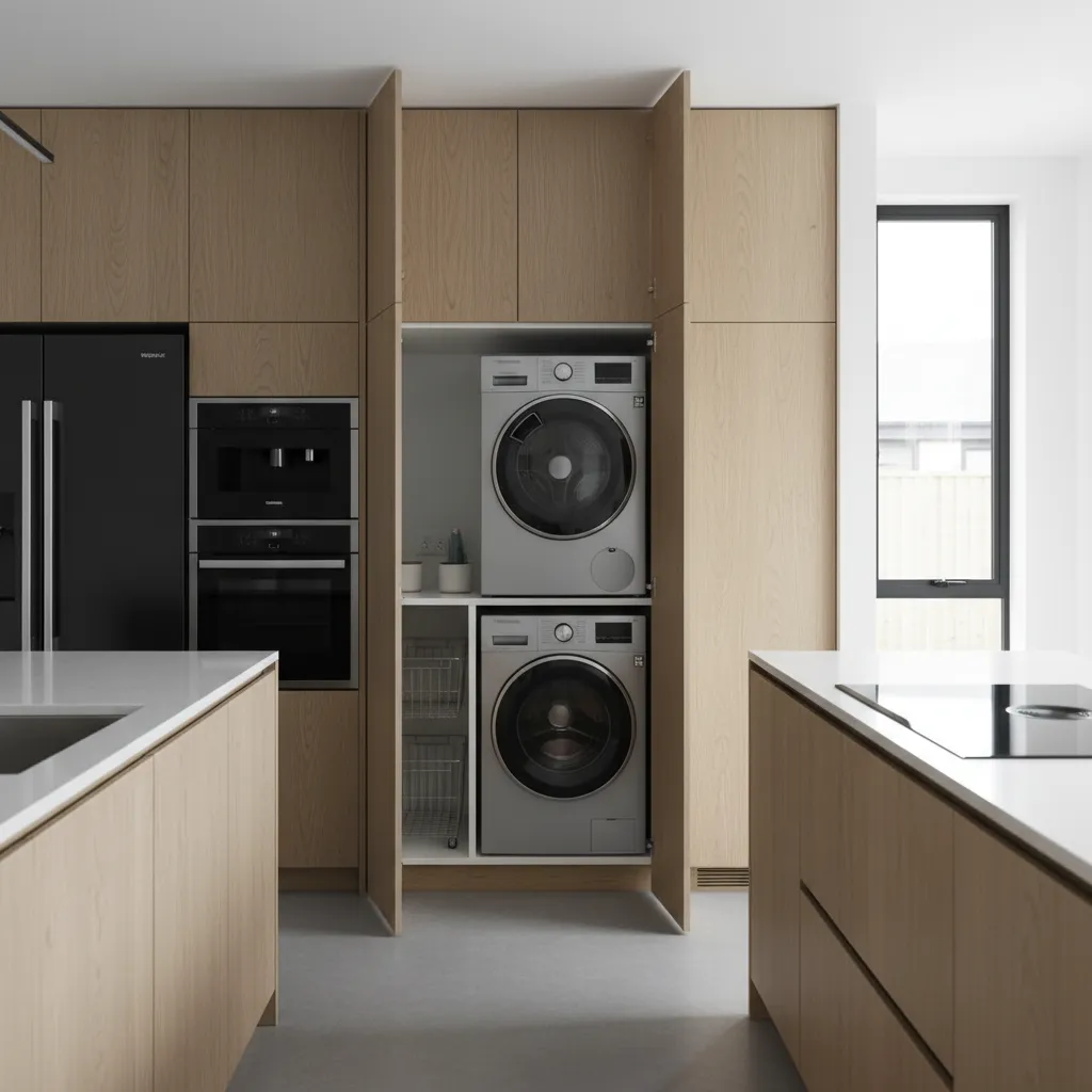 Modern kitchen with wood cabinets featuring a hidden stacked washer and dryer in a closet