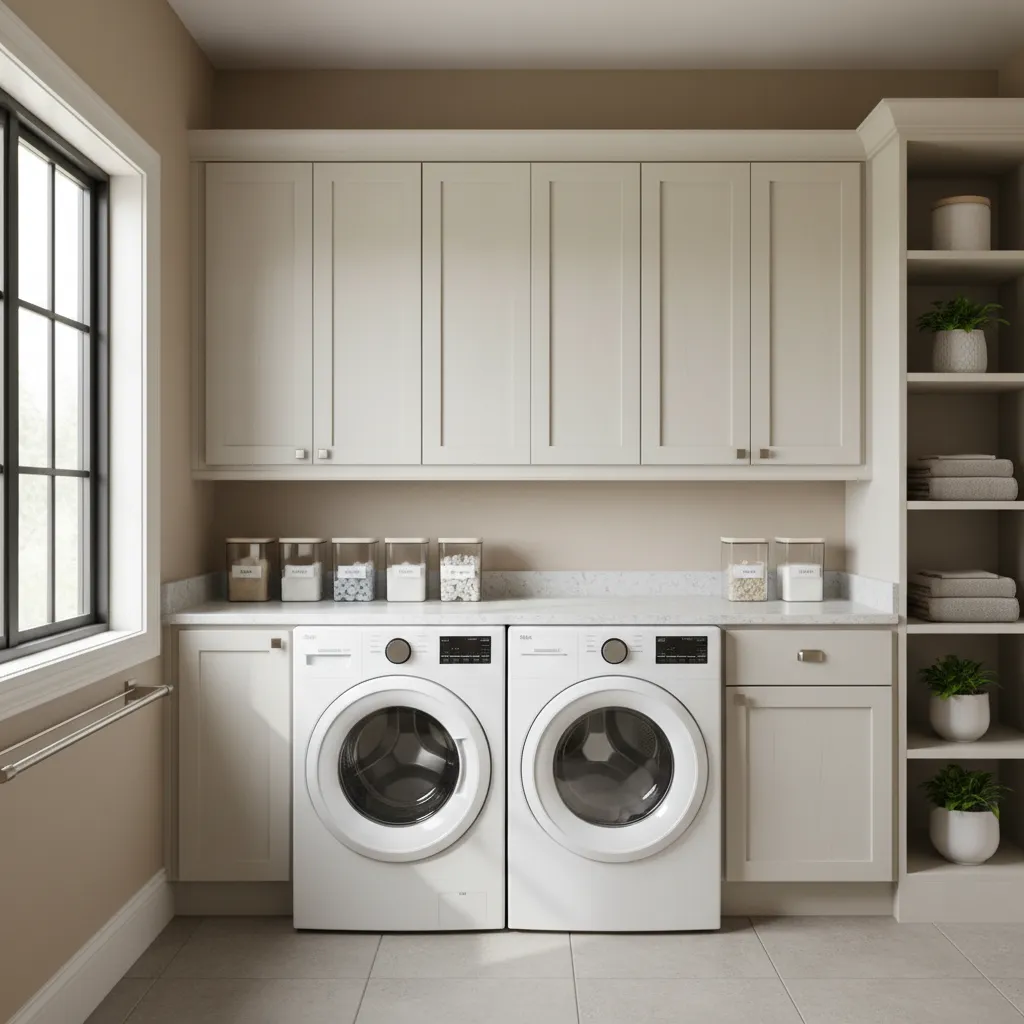 Modern laundry room with washing machines side by side under white cabinets and stone countertop