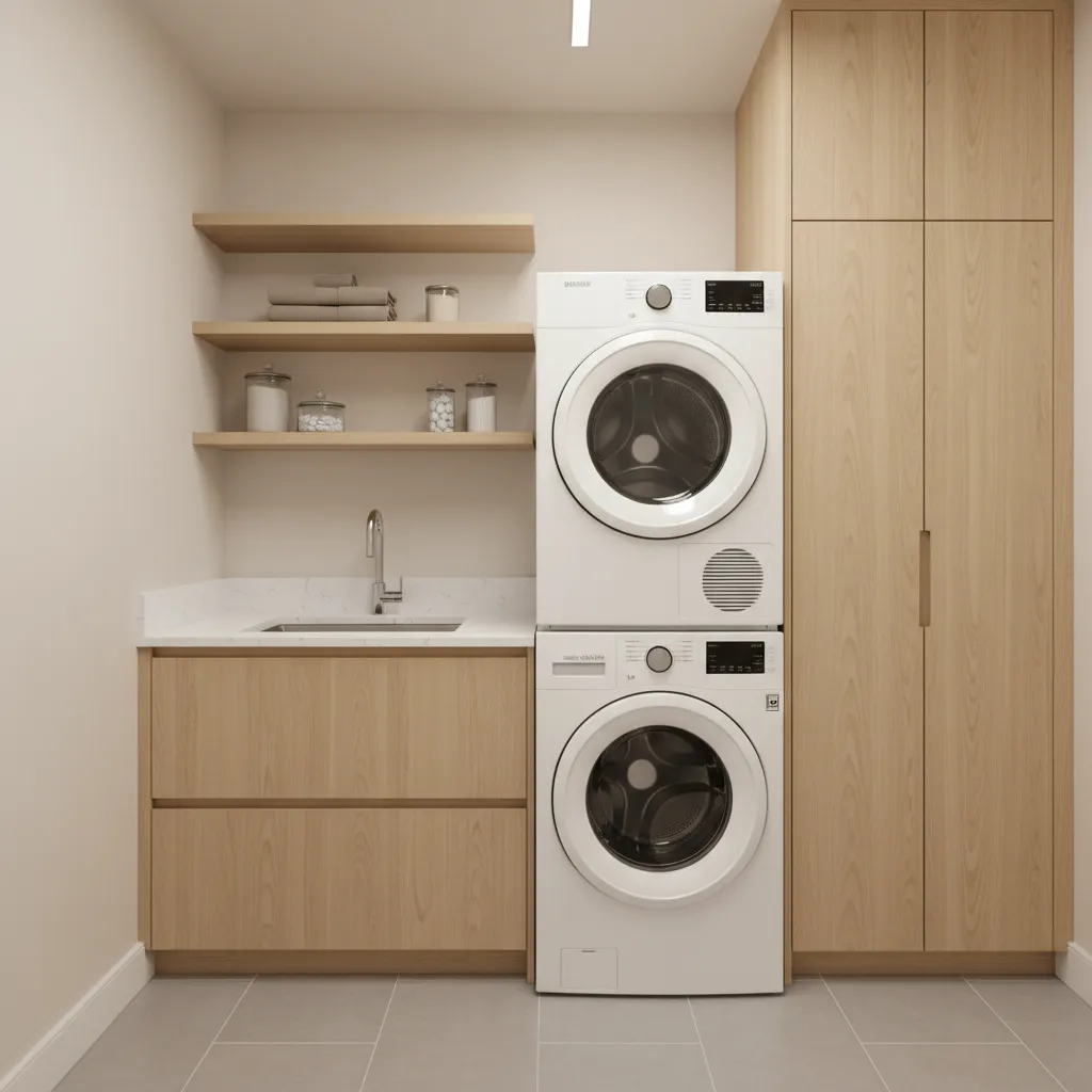 Small laundry space with stacked washing machines, wooden cabinets, a sink, and open wooden shelves
