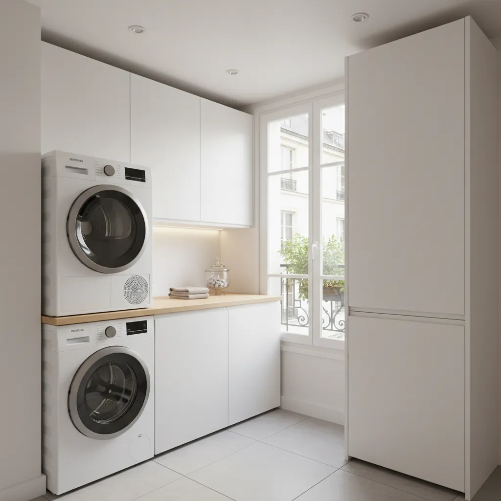 Small laundry room with stacked washing machines white cabinets wooden countertop and window with view