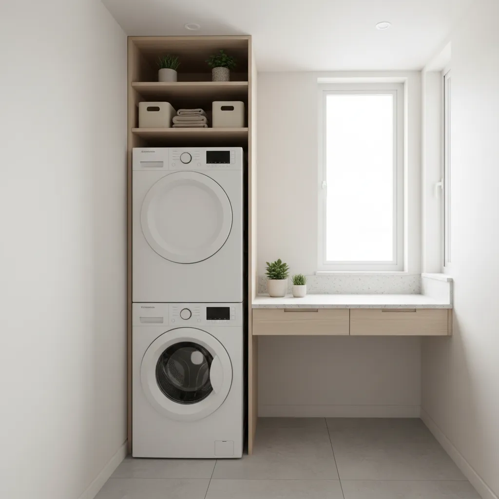 Lavadora y secadora en torre en un lavadero pequeño