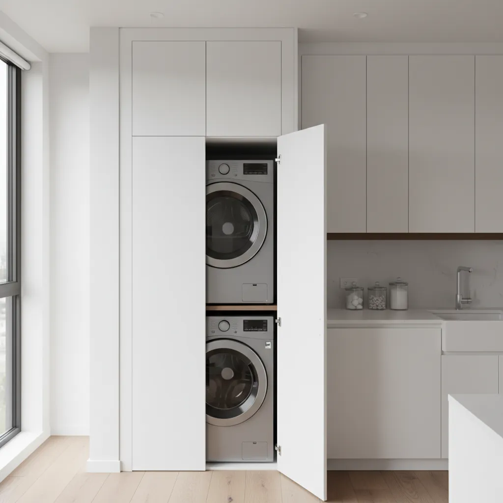 Stacked washer and dryer hidden inside white kitchen cabinets with one open door and sink