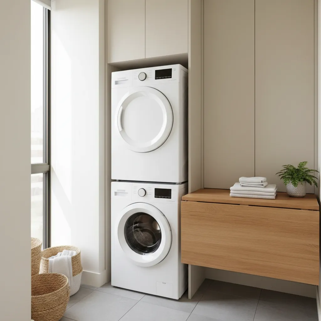 Minimalist laundry room featuring stacked white washing machines, wooden folding table, cream cabinets, and floor baskets