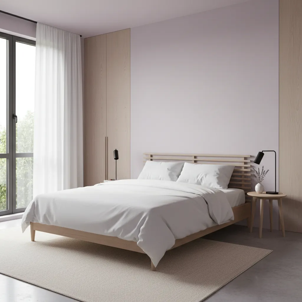 soft lavender bedroom walls with neutral bedding and modern interior styling