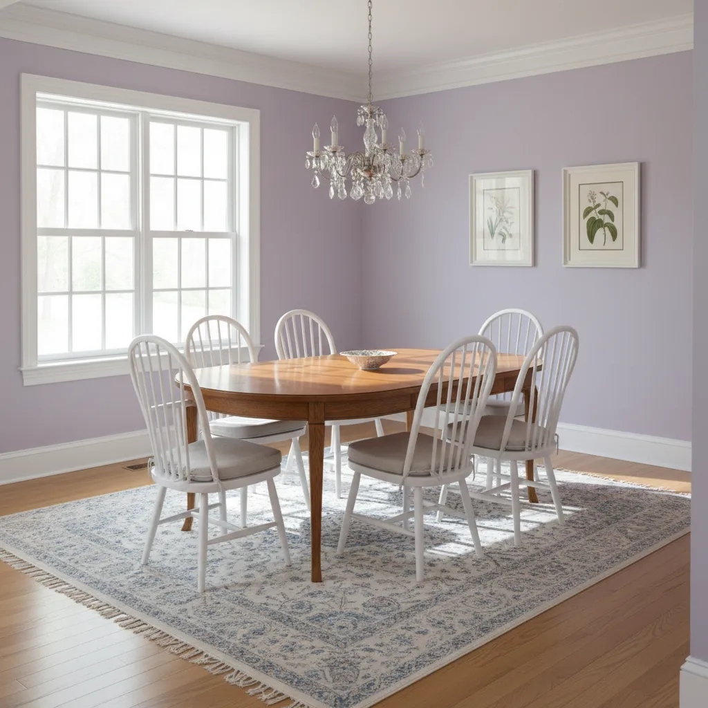 Light lavender colonial dining room with oak dining table