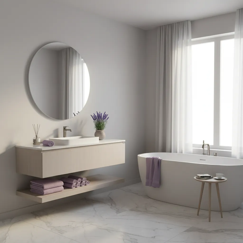 Light gray bathroom with soft lavender accents and modern vanity