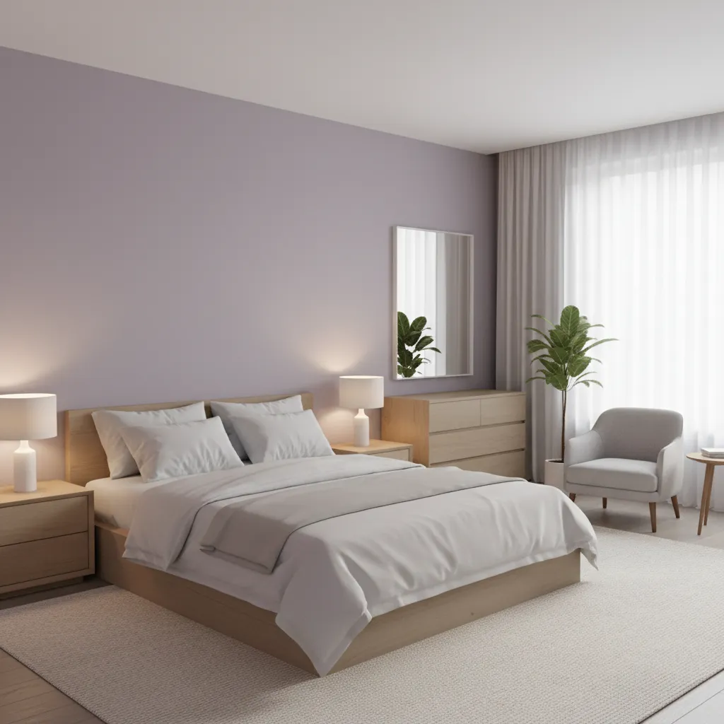 Modern bedroom with lavender wall color and minimal decor