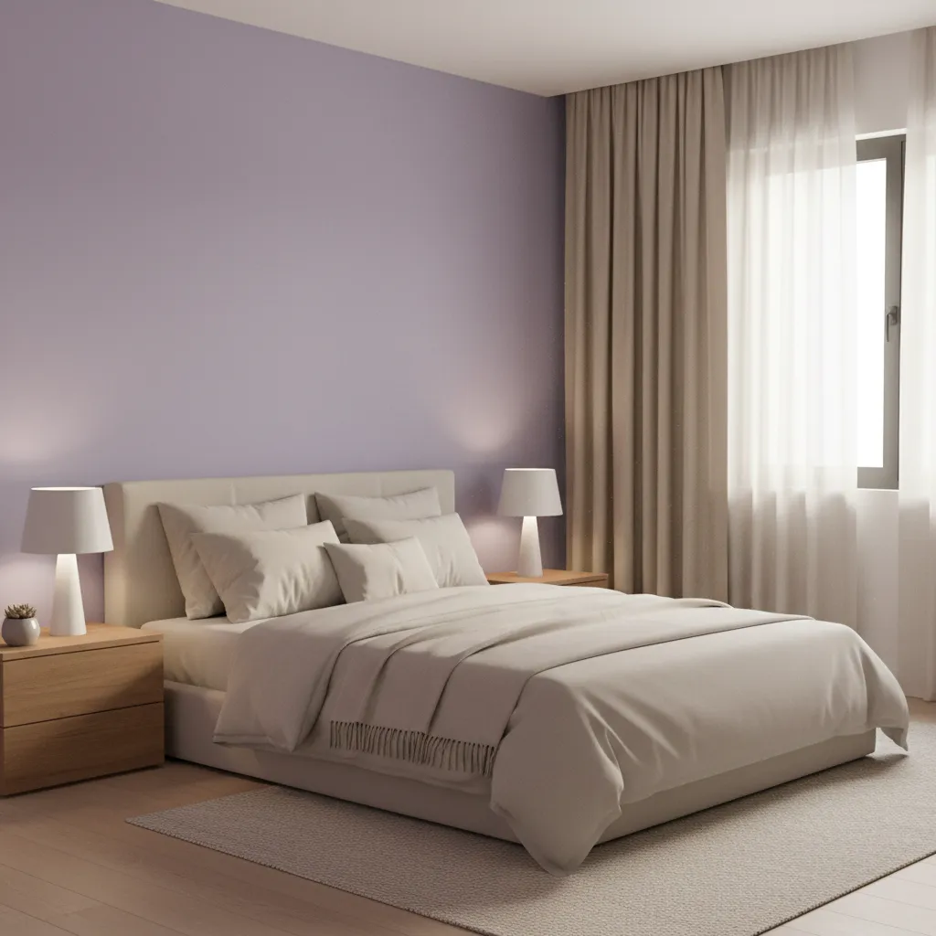 Soft lavender bedroom paired with neutral bedding and warm lighting