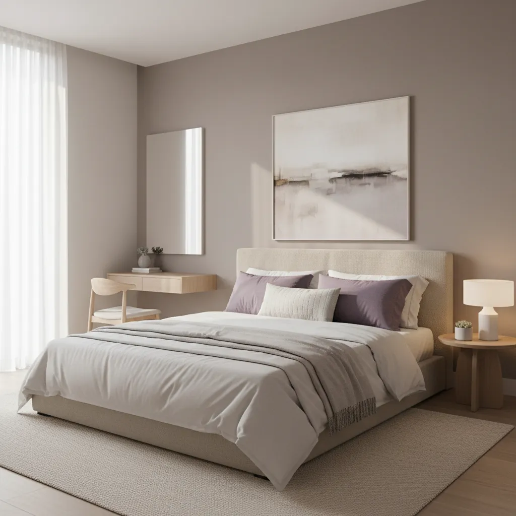Bedroom with lavender purple accent pillows layered on white bedding