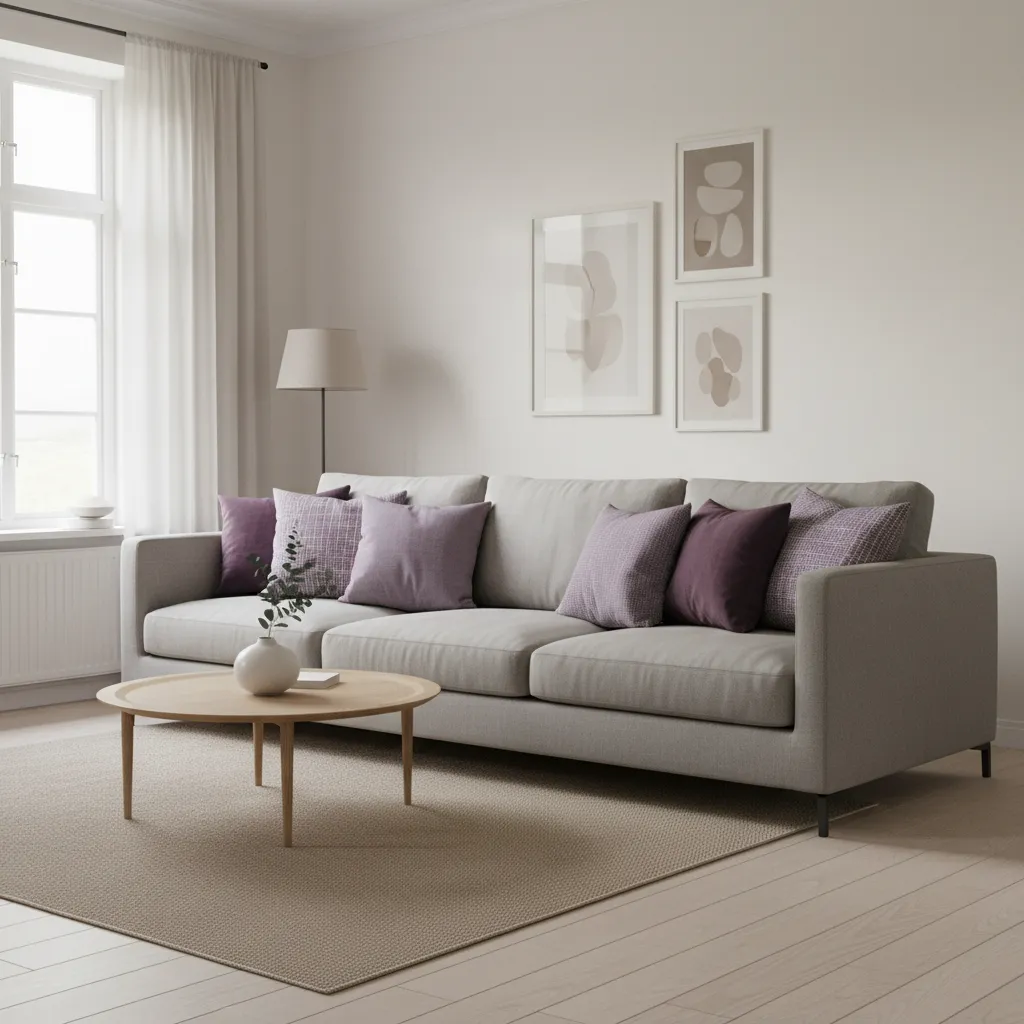 Neutral sofa decorated with lavender violet and plum throw pillows