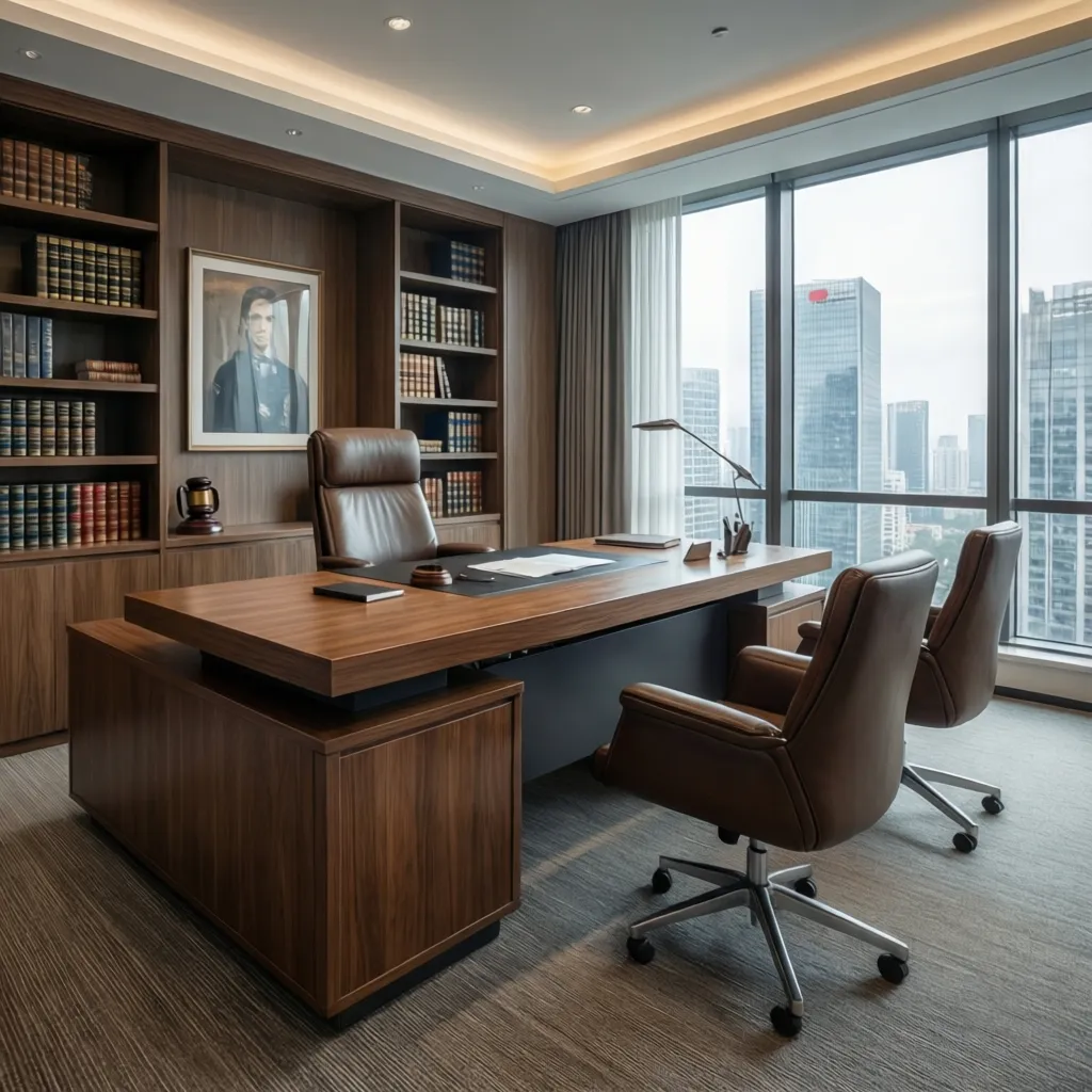 Private office with a large wooden desk, leather chairs, full bookshelves, and large city windows
