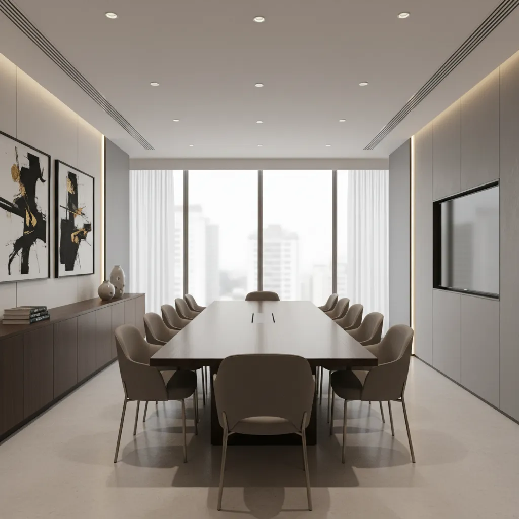 Modern meeting room with a long wooden table, many chairs, wall art, and large windows