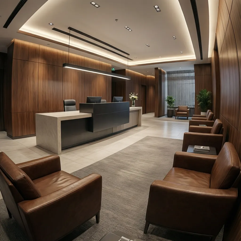 Modern reception area with wood wall panels long counter brown leather chairs and floor rug