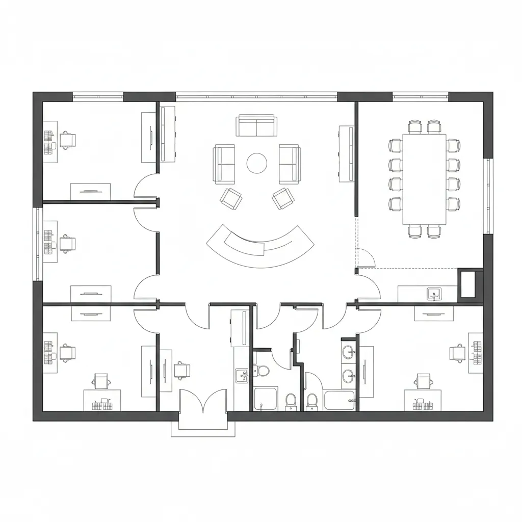 Interior design drawing of an office room layout with several desks, chairs, and meeting room