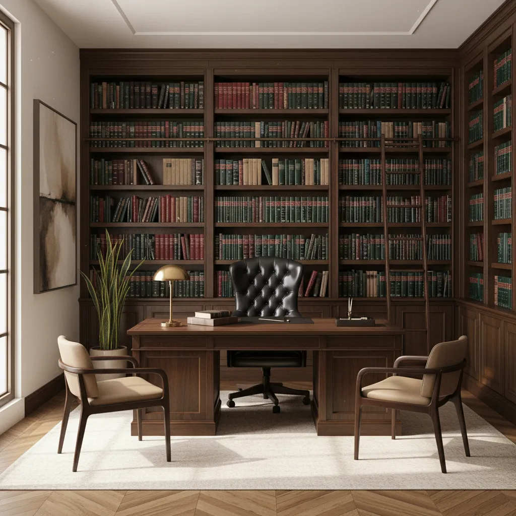 Classic office with large wooden bookshelf full of books desk black leather chair and rug