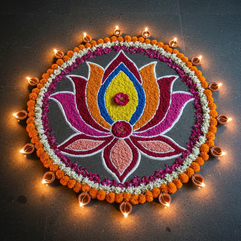 Small lotus rangoli design with diyas for Laxmi Pooja decoration