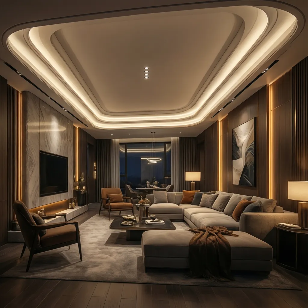 Interior showing layered lighting with indirect cove lights and accent fixtures