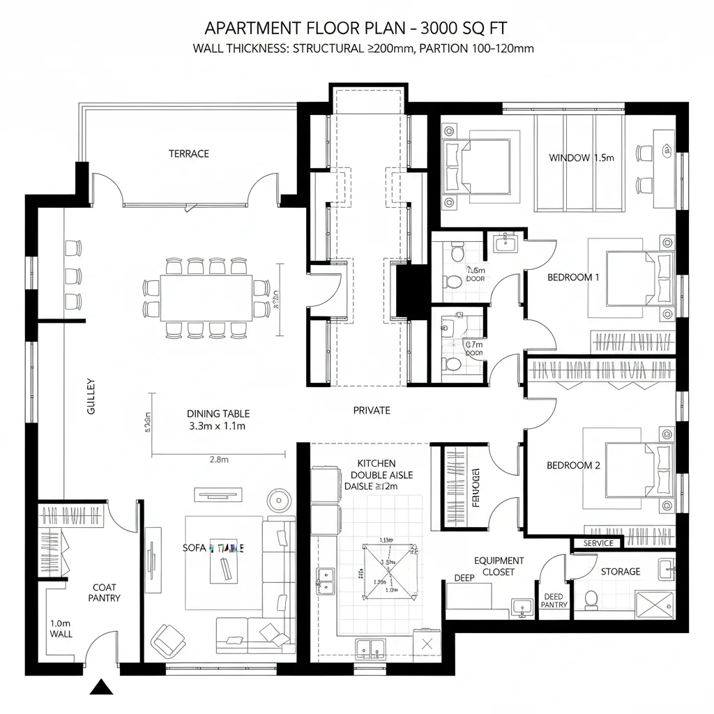 Apartment room layout showing a large terrace dining table sofa kitchen and two separate bedrooms