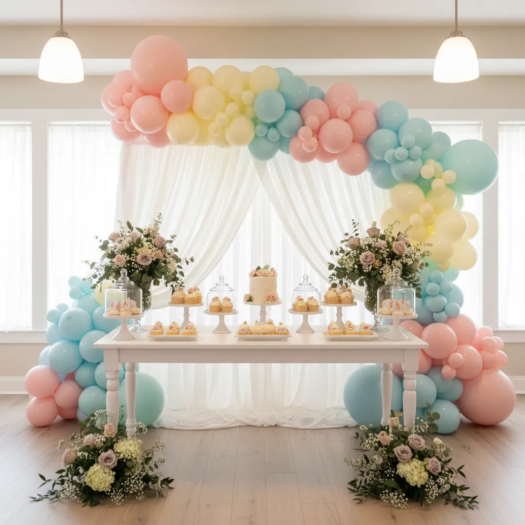 Layered baby shower decoration with balloons backdrop table decor and lighting