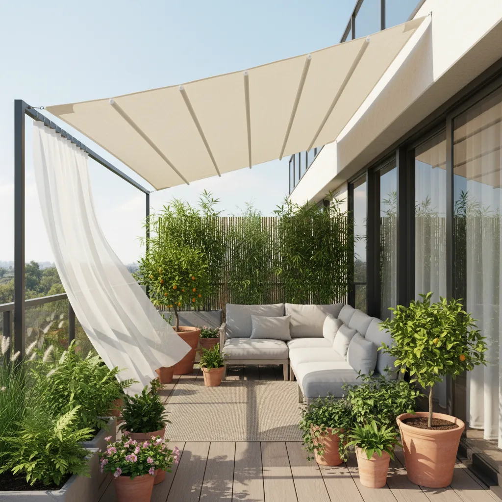 Layered balcony garden shade design combining sail canopy plants and curtains