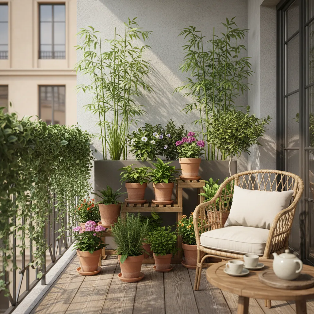 Balcony plants arranged in tall medium and trailing layers