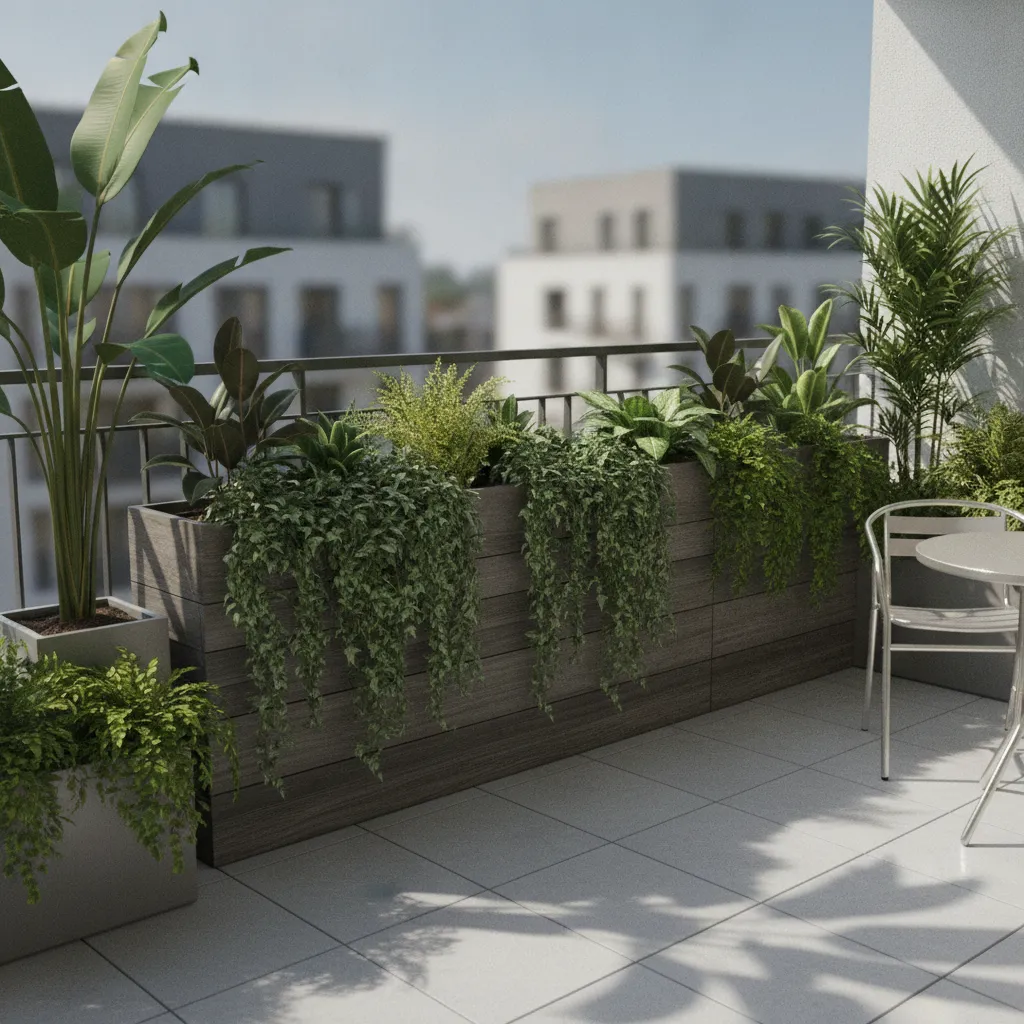 layered balcony plants with tall medium and trailing greenery