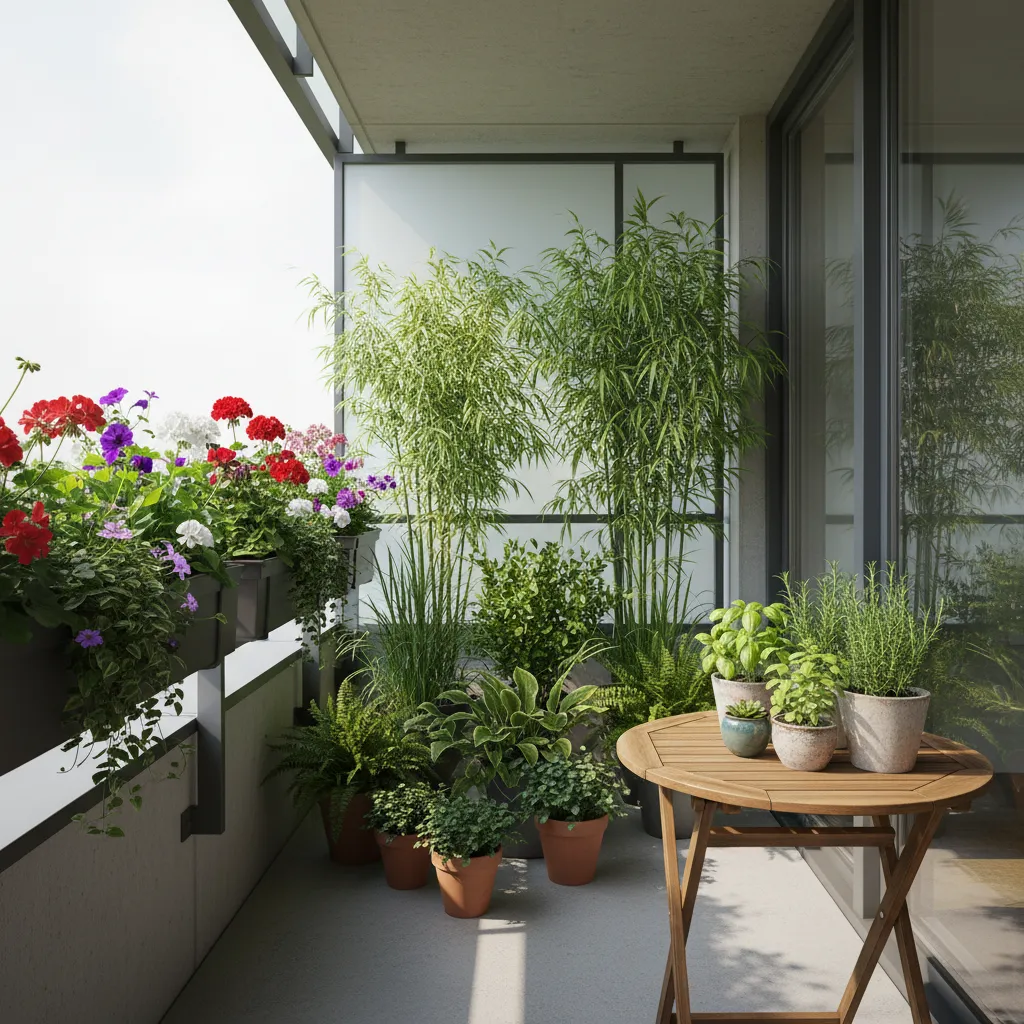 Balcony garden showing layered plant heights with tall plants and railing planters