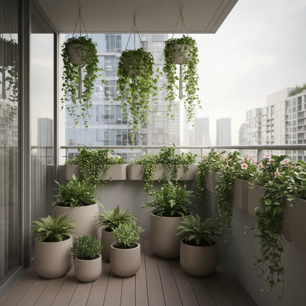 small balcony with layered plants at different heights