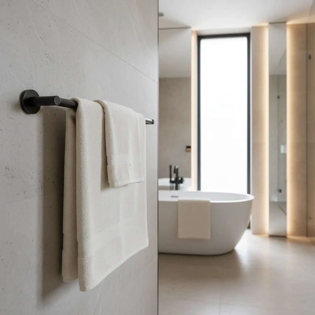 Layered bath towel with hand towel folded neatly on towel bar