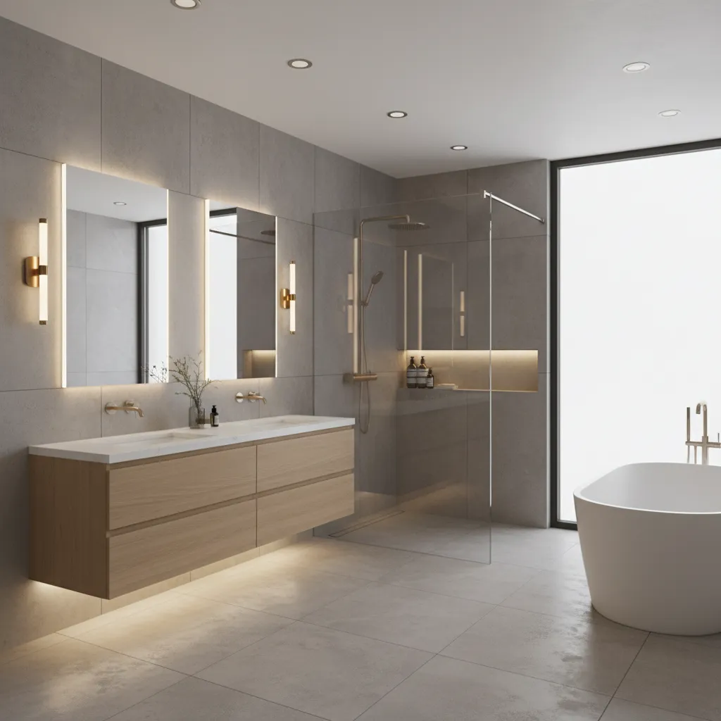 bathroom showing layered lighting with vanity lights ceiling lights and accent lighting