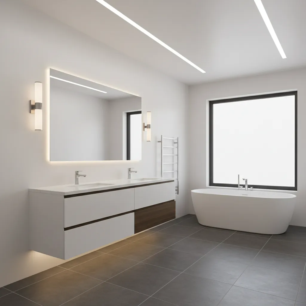 example of layered bathroom lighting with ceiling lights mirror sconces and accent lighting