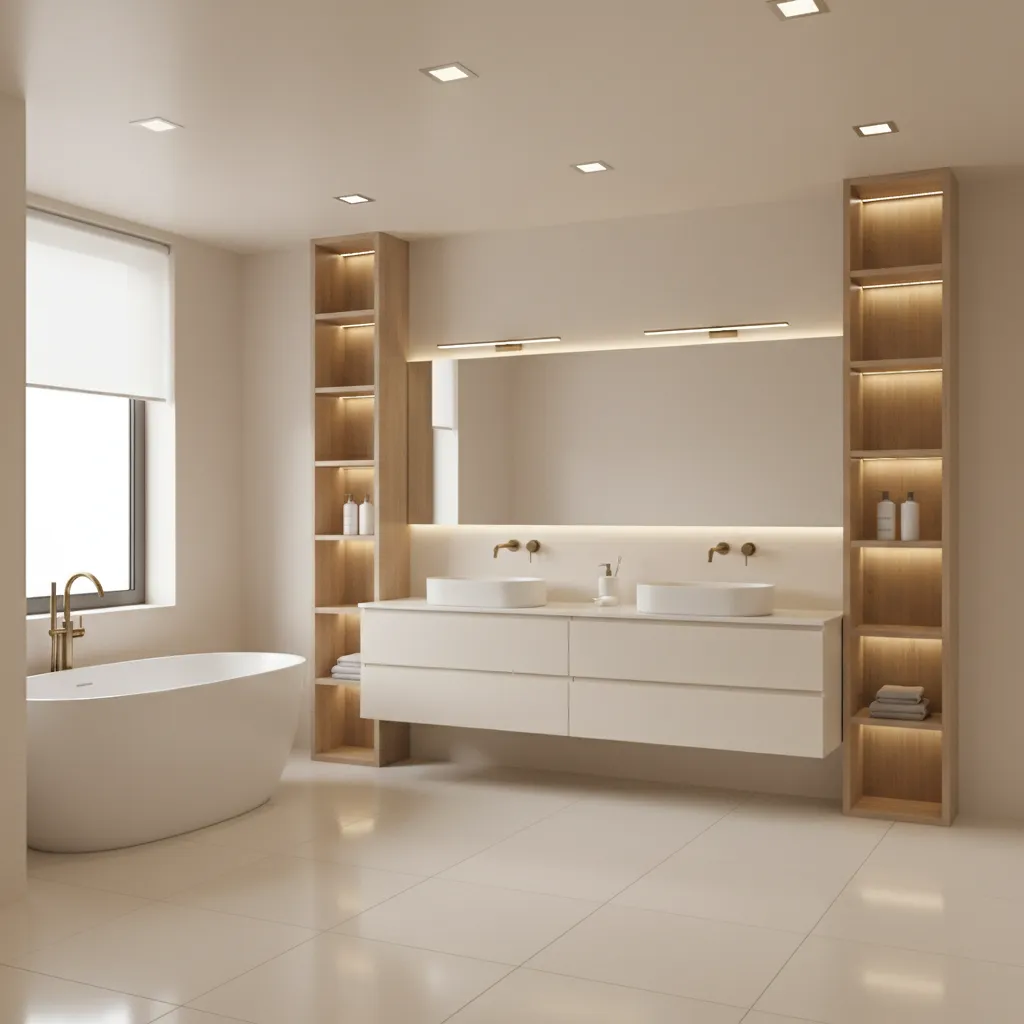 Bathroom lighting layers showing ambient task and accent lighting layout
