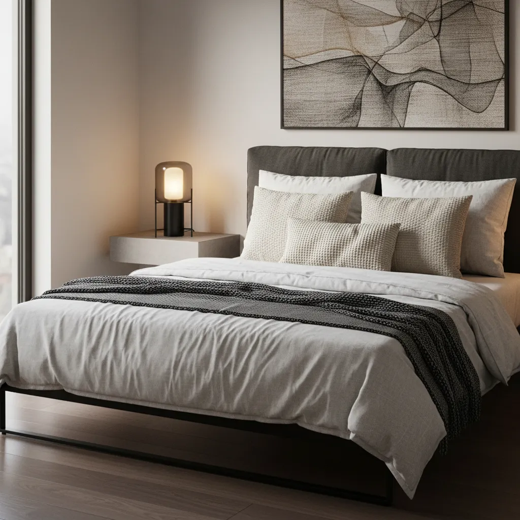 layered bedding styling on black bed frame in modern bedroom