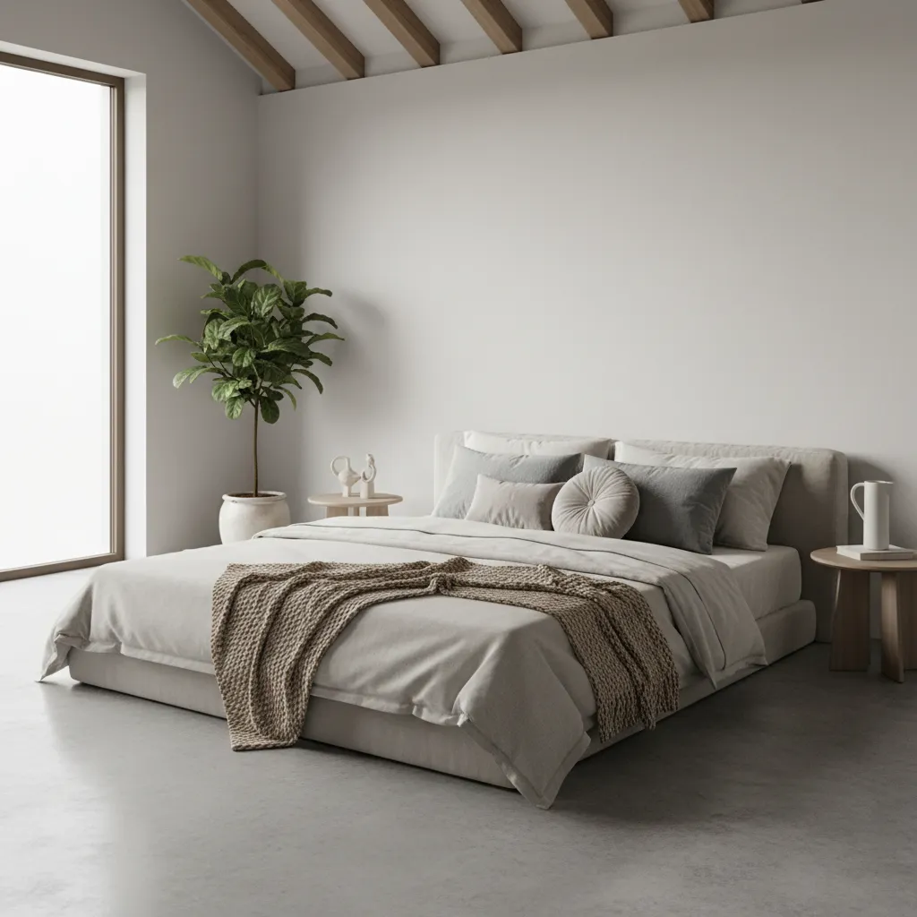 Layered bedding on a floor mattress with throws and pillows