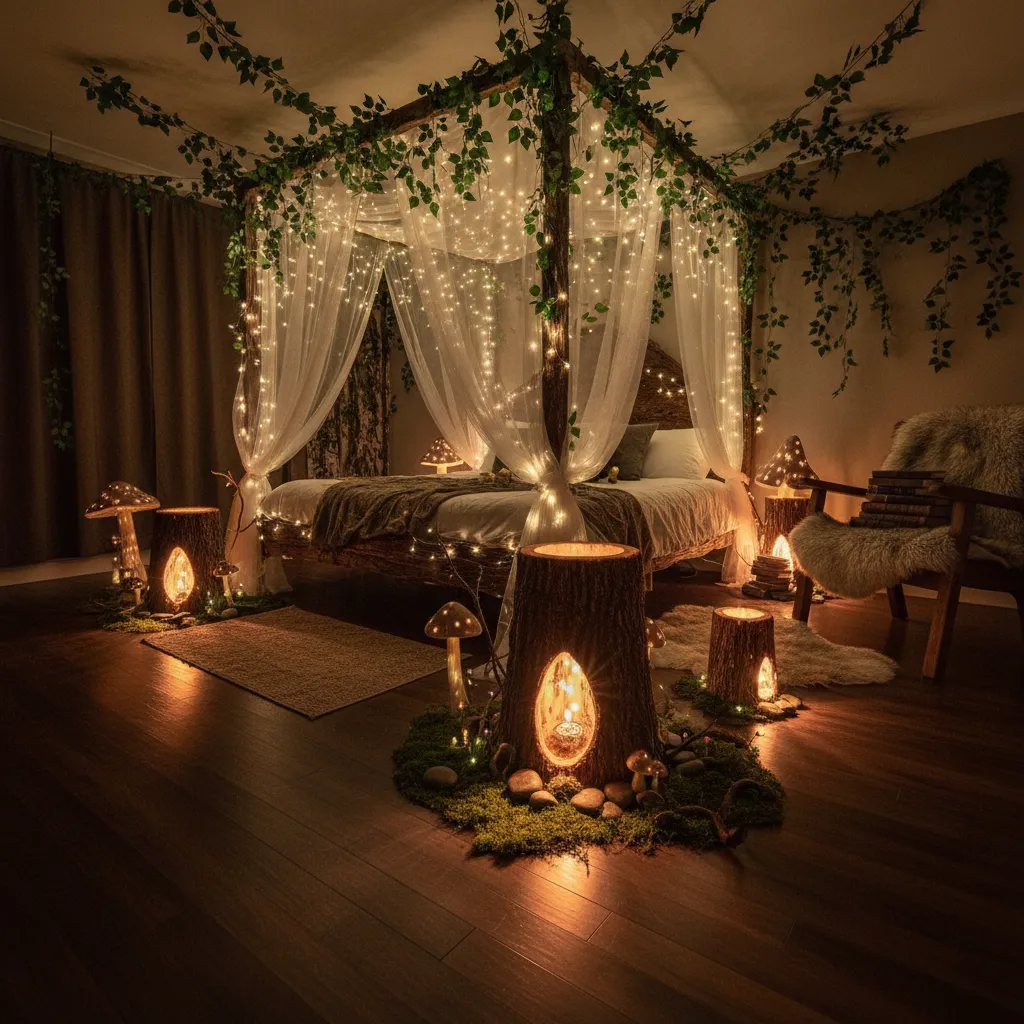 lantern lighting placed on bedroom floor creating layered enchanted forest lighting