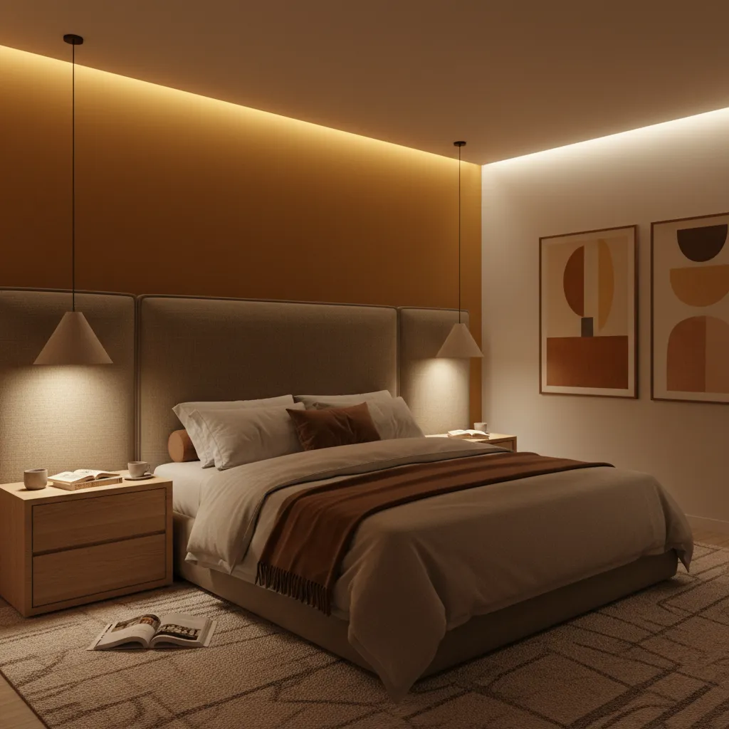 Bedroom with layered lighting including bedside lamps and ambient lighting
